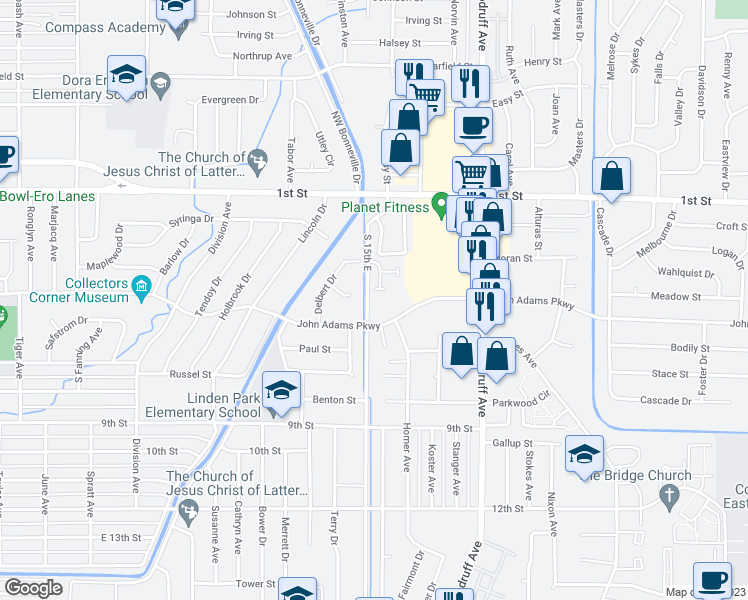 map of restaurants, bars, coffee shops, grocery stores, and more near 1513 John Adams Parkway in Idaho Falls