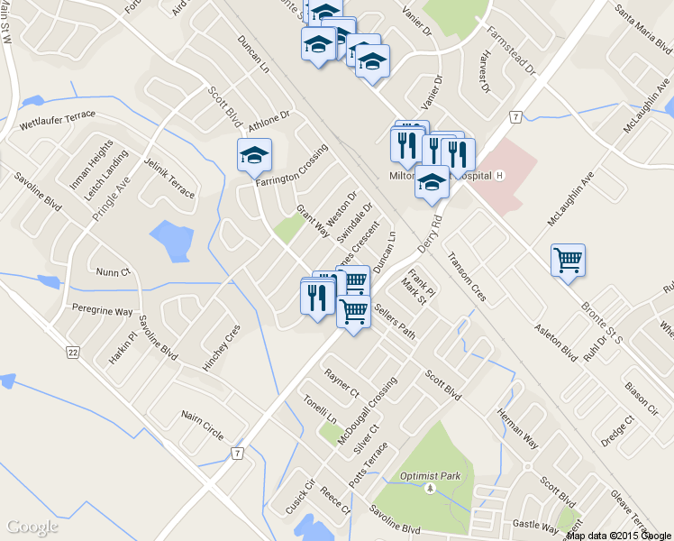 map of restaurants, bars, coffee shops, grocery stores, and more near 195 Holmes Crescent in Milton