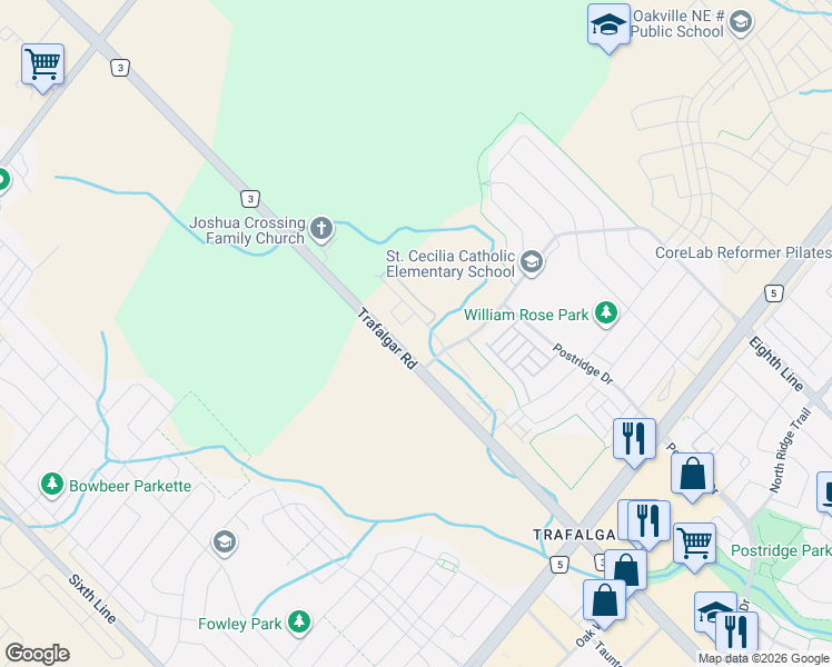 map of restaurants, bars, coffee shops, grocery stores, and more near 3200 William Coltson Avenue in Oakville