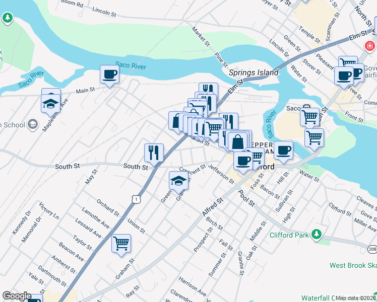 map of restaurants, bars, coffee shops, grocery stores, and more near 167 Elm Street in Biddeford