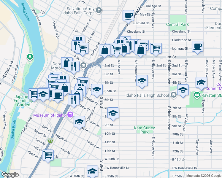 map of restaurants, bars, coffee shops, grocery stores, and more near 152 4th Street in Idaho Falls