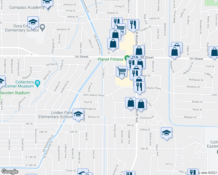 map of restaurants, bars, coffee shops, grocery stores, and more near 1533 John Adams Parkway in Idaho Falls