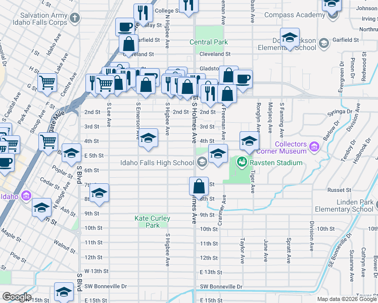 map of restaurants, bars, coffee shops, grocery stores, and more near 464 4th Street in Idaho Falls