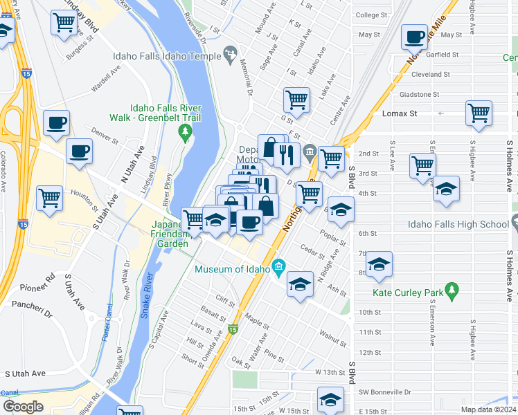 map of restaurants, bars, coffee shops, grocery stores, and more near 552 Park Avenue in Idaho Falls