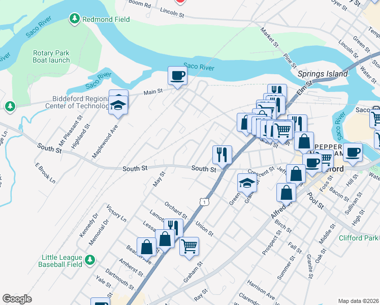 map of restaurants, bars, coffee shops, grocery stores, and more near 11 Briarwood Drive in Biddeford