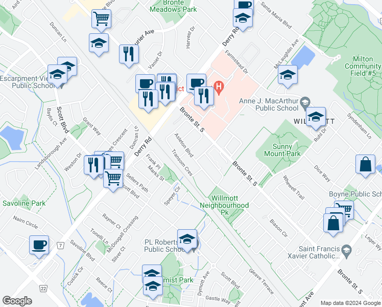 map of restaurants, bars, coffee shops, grocery stores, and more near in Milton