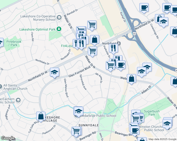 map of restaurants, bars, coffee shops, grocery stores, and more near in Waterloo