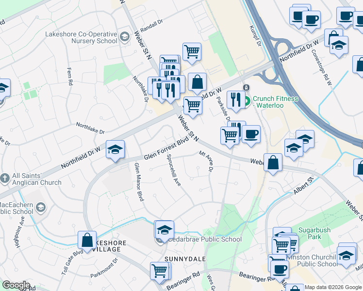 map of restaurants, bars, coffee shops, grocery stores, and more near 716 Glen Forrest Boulevard in Waterloo