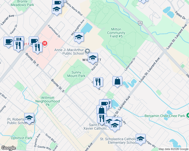 map of restaurants, bars, coffee shops, grocery stores, and more near 449 Tyrone Crescent in Milton