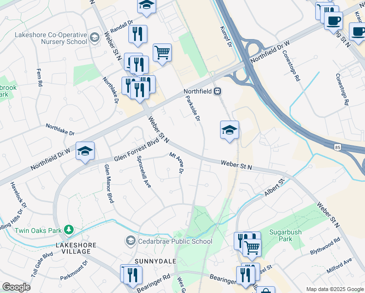 map of restaurants, bars, coffee shops, grocery stores, and more near 554 Weber Street North in Waterloo