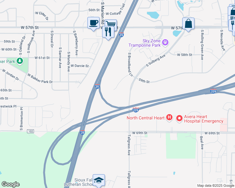 map of restaurants, bars, coffee shops, grocery stores, and more near 5800 South Corporate Place in Sioux Falls