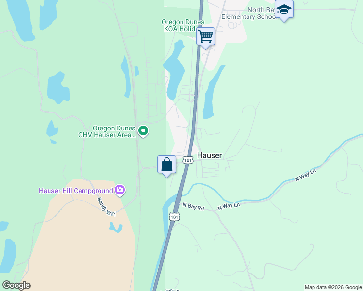 map of restaurants, bars, coffee shops, grocery stores, and more near 68760 Hauser Road in North Bend