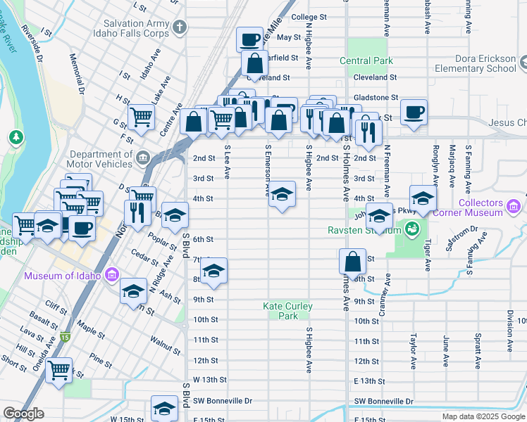map of restaurants, bars, coffee shops, grocery stores, and more near 284 4th Street in Idaho Falls