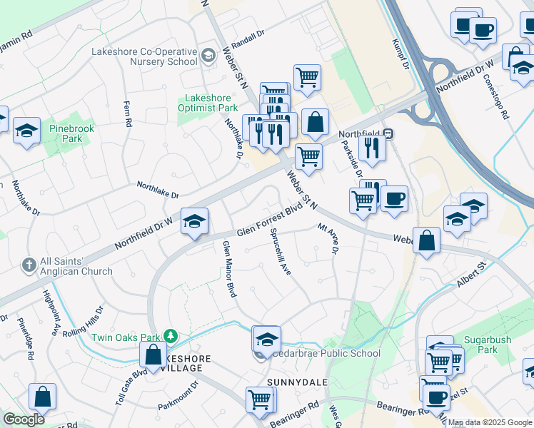 map of restaurants, bars, coffee shops, grocery stores, and more near 595 Silverbirch Road in Waterloo