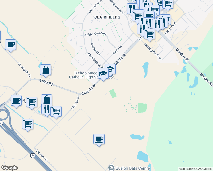 map of restaurants, bars, coffee shops, grocery stores, and more near 200 Clair Road West in Guelph