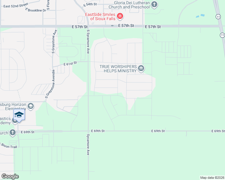map of restaurants, bars, coffee shops, grocery stores, and more near South Woodlily Avenue in Sioux Falls