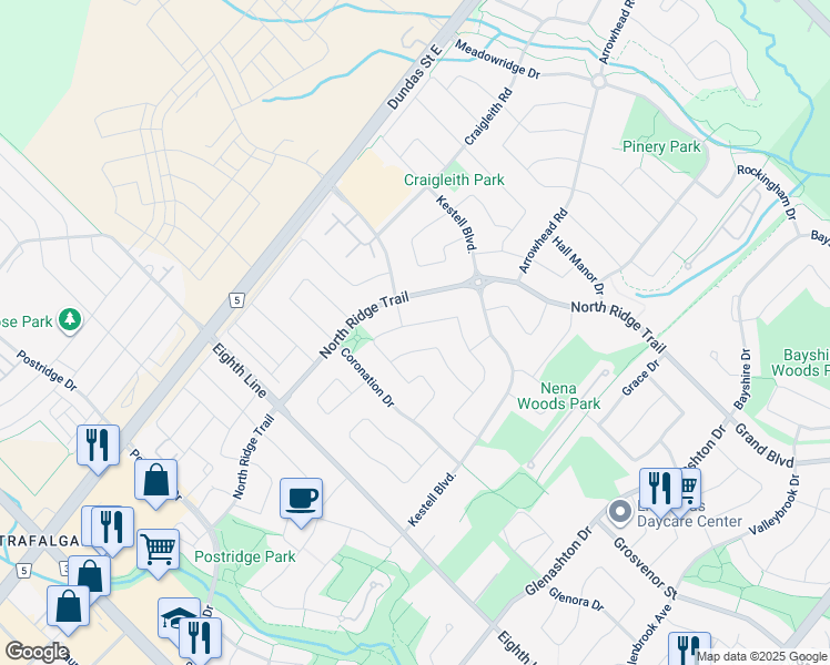 map of restaurants, bars, coffee shops, grocery stores, and more near 2510 Hertfordshire Way in Oakville