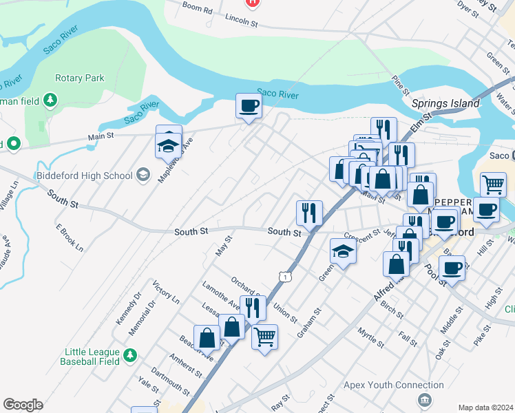 map of restaurants, bars, coffee shops, grocery stores, and more near 8 Briarwood Drive in Biddeford