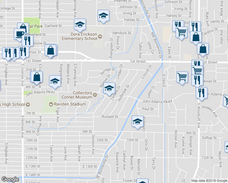 map of restaurants, bars, coffee shops, grocery stores, and more near 470 Tendoy Drive in Idaho Falls