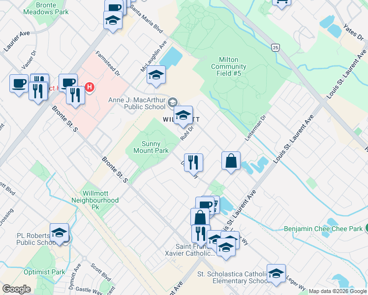 map of restaurants, bars, coffee shops, grocery stores, and more near 449 Tyrone Crescent in Milton