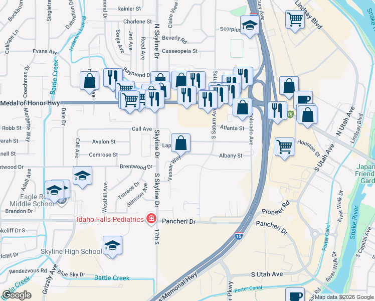 map of restaurants, bars, coffee shops, grocery stores, and more near 1550 Vassar Way in Idaho Falls