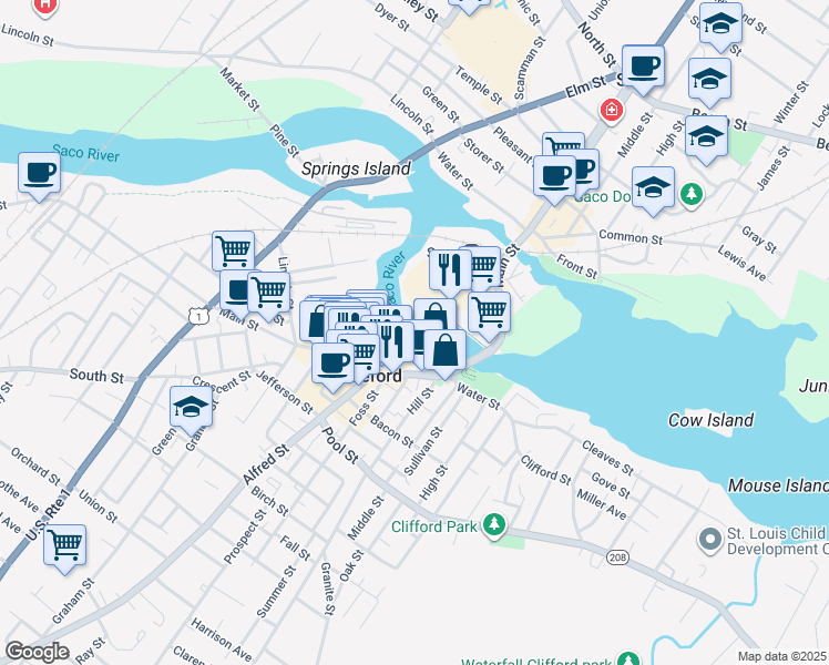 map of restaurants, bars, coffee shops, grocery stores, and more near 2 Main Street in Biddeford