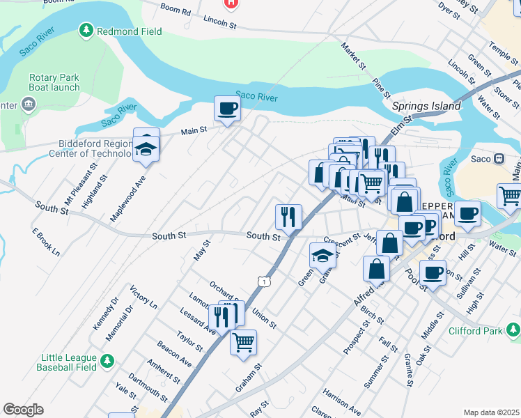 map of restaurants, bars, coffee shops, grocery stores, and more near 33 State Street in Biddeford