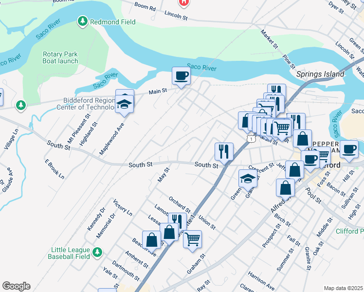 map of restaurants, bars, coffee shops, grocery stores, and more near 11 Briarwood Drive in Biddeford