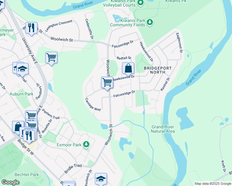 map of restaurants, bars, coffee shops, grocery stores, and more near 933 Redtail Court in Kitchener