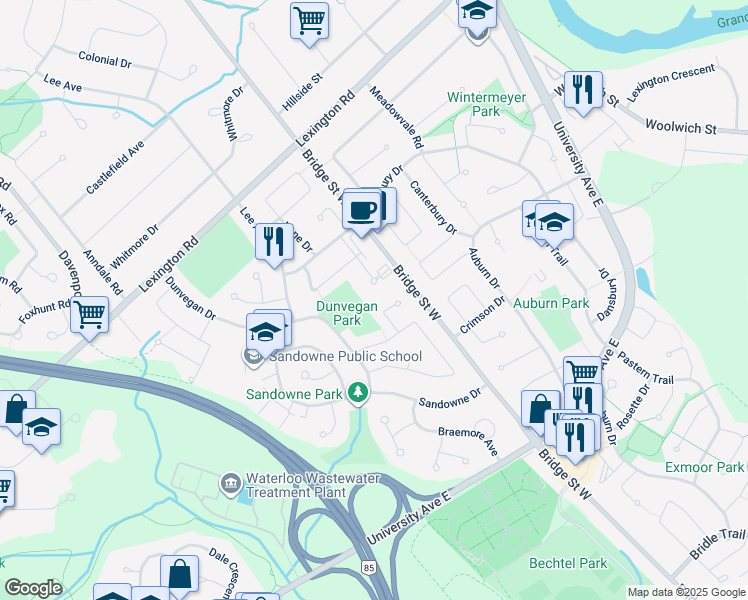 map of restaurants, bars, coffee shops, grocery stores, and more near 271 Eiwo Court in Waterloo