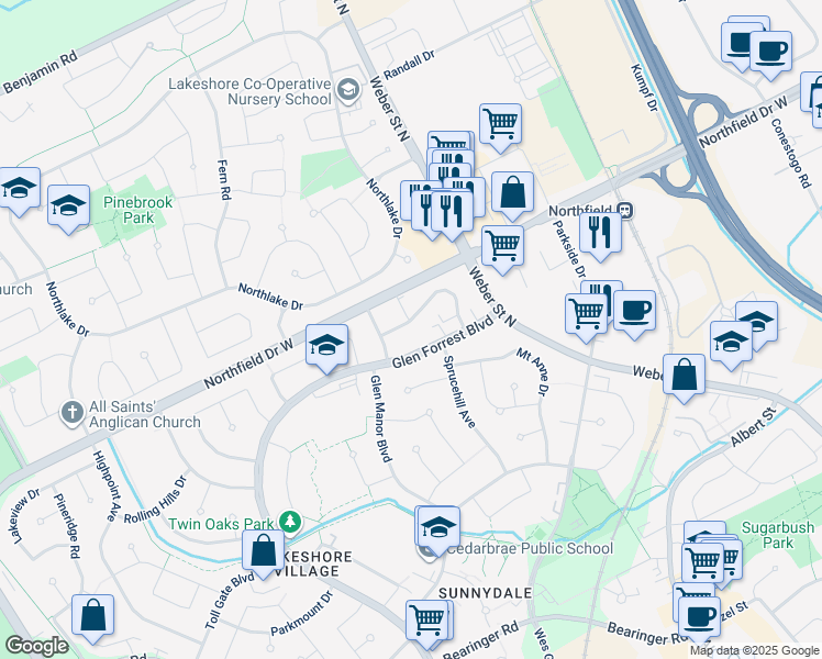 map of restaurants, bars, coffee shops, grocery stores, and more near 641 Silverbirch Road in Waterloo