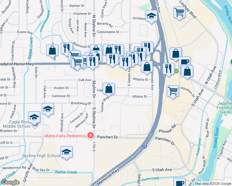 map of restaurants, bars, coffee shops, grocery stores, and more near 1550 Vassar Way in Idaho Falls