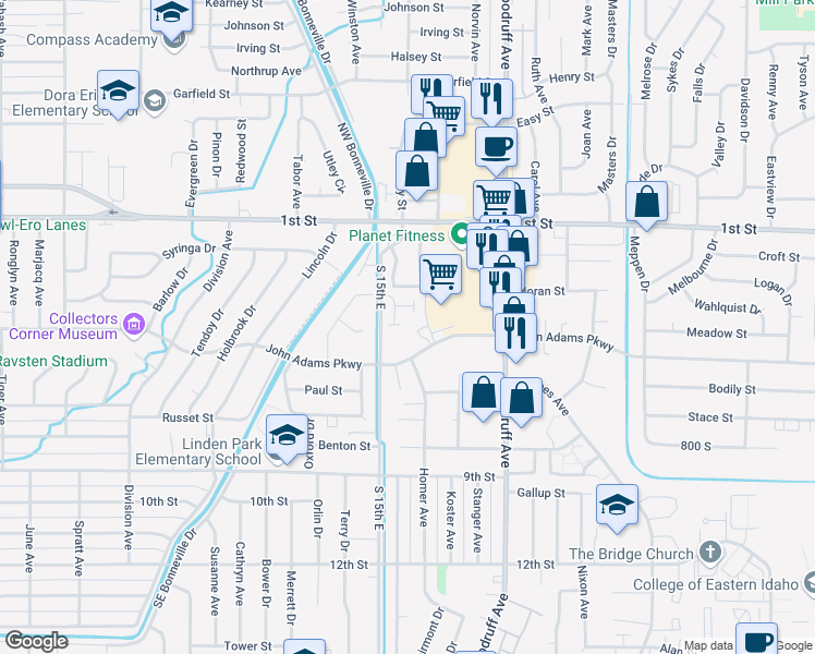 map of restaurants, bars, coffee shops, grocery stores, and more near 1583 John Adams Parkway in Idaho Falls
