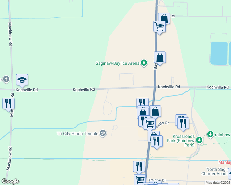 map of restaurants, bars, coffee shops, grocery stores, and more near 3285 Kochville Road in Saginaw