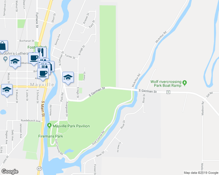 map of restaurants, bars, coffee shops, grocery stores, and more near 416 South German Street in Mayville