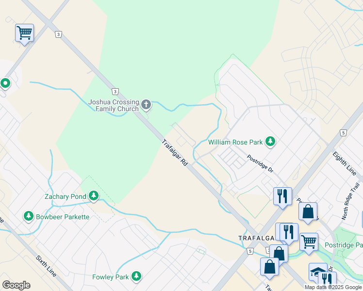 map of restaurants, bars, coffee shops, grocery stores, and more near 3200 William Coltson Avenue in Oakville