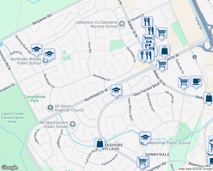 map of restaurants, bars, coffee shops, grocery stores, and more near 582 Skylark Road in Waterloo