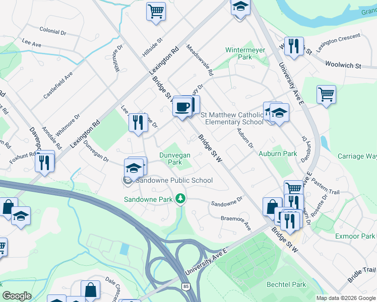 map of restaurants, bars, coffee shops, grocery stores, and more near 271 Eiwo Court in Waterloo