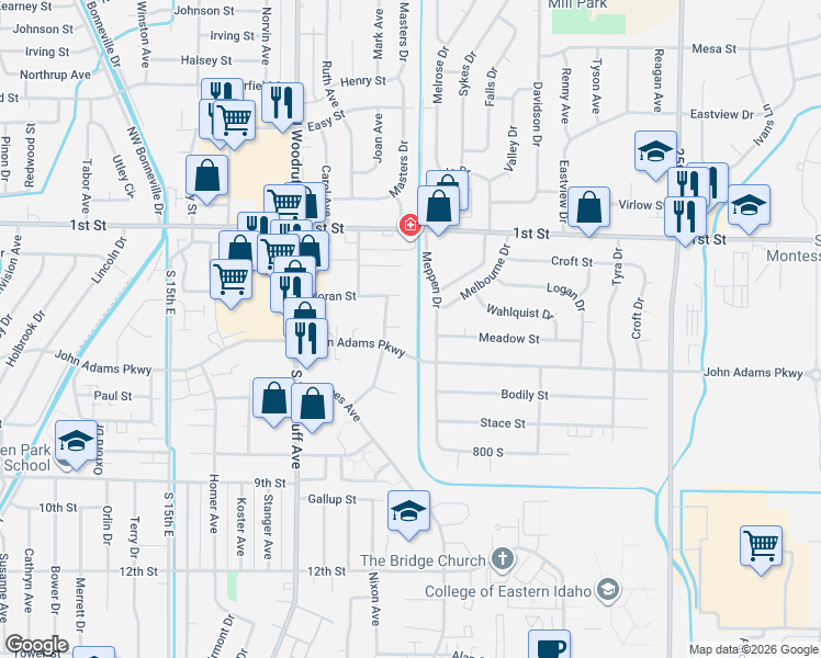 map of restaurants, bars, coffee shops, grocery stores, and more near 401 Montcliffe Drive in Idaho Falls