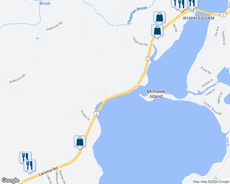 map of restaurants, bars, coffee shops, grocery stores, and more near 834 Laconia Road in Tilton