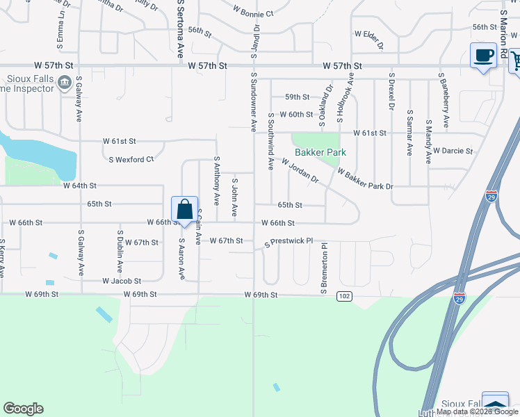 map of restaurants, bars, coffee shops, grocery stores, and more near 6347 West 65th Street in Sioux Falls