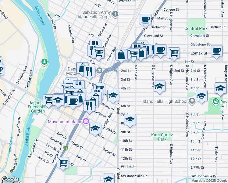map of restaurants, bars, coffee shops, grocery stores, and more near 415 South Boulevard in Idaho Falls