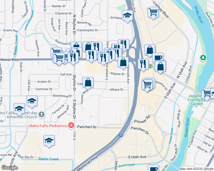 map of restaurants, bars, coffee shops, grocery stores, and more near 396 South Saturn Avenue in Idaho Falls