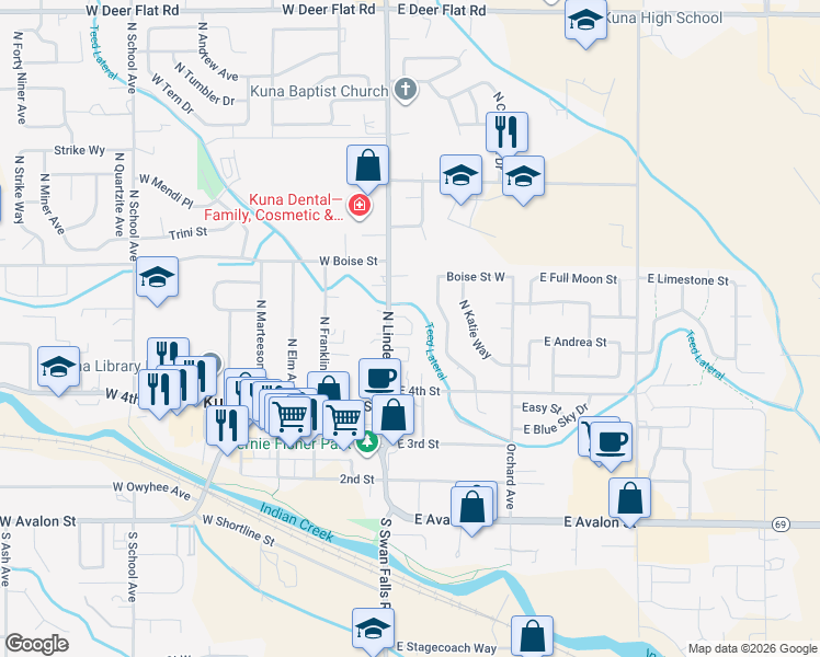 map of restaurants, bars, coffee shops, grocery stores, and more near 620 North Linder Avenue in Kuna