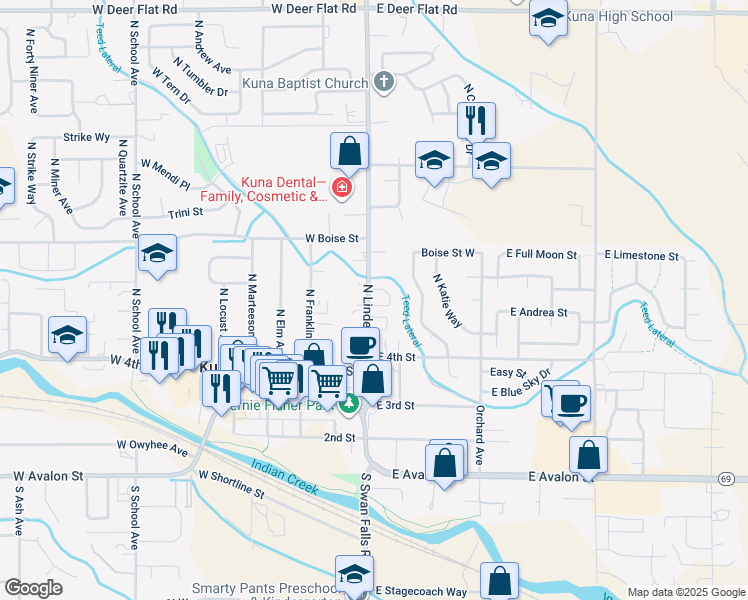 map of restaurants, bars, coffee shops, grocery stores, and more near 620 North Linder Avenue in Kuna
