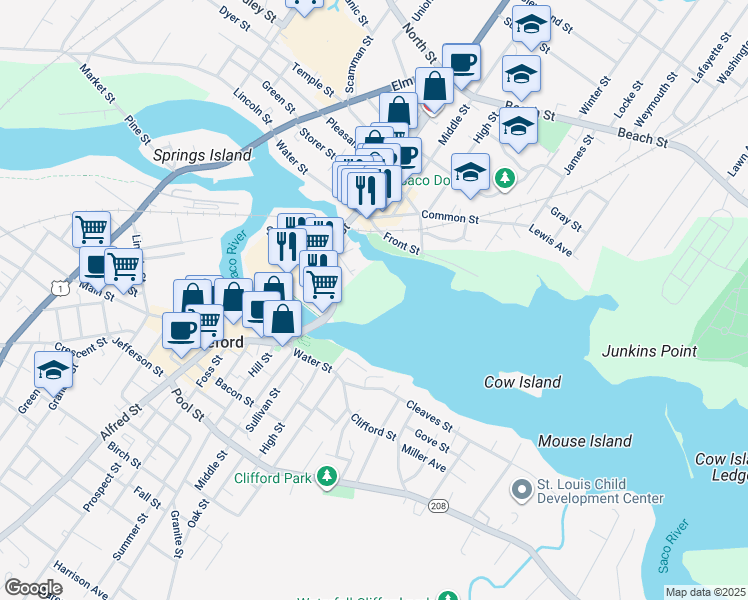map of restaurants, bars, coffee shops, grocery stores, and more near 109 Main St in Saco