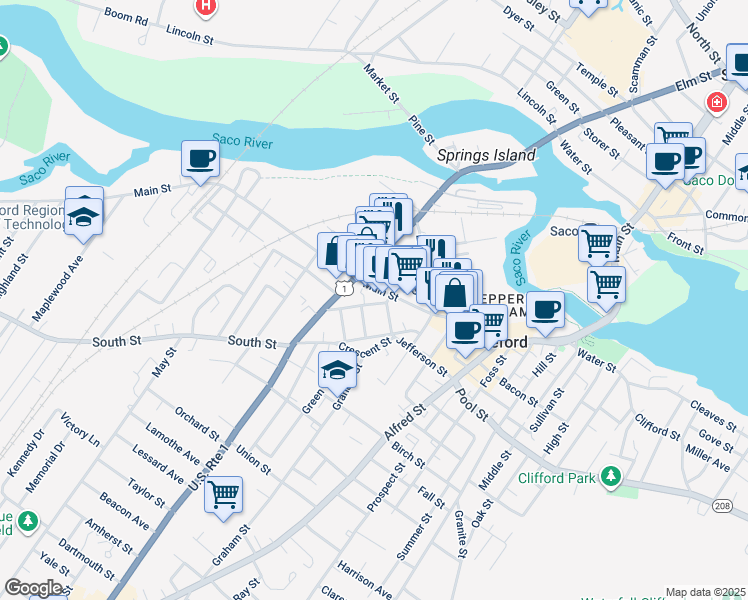 map of restaurants, bars, coffee shops, grocery stores, and more near 265 Main Street in Biddeford
