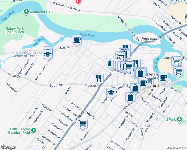 map of restaurants, bars, coffee shops, grocery stores, and more near 44 Bradbury Street in Biddeford