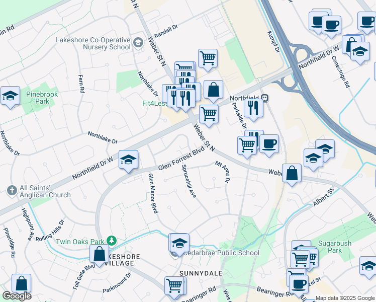 map of restaurants, bars, coffee shops, grocery stores, and more near 595 Silverbirch Road in Waterloo