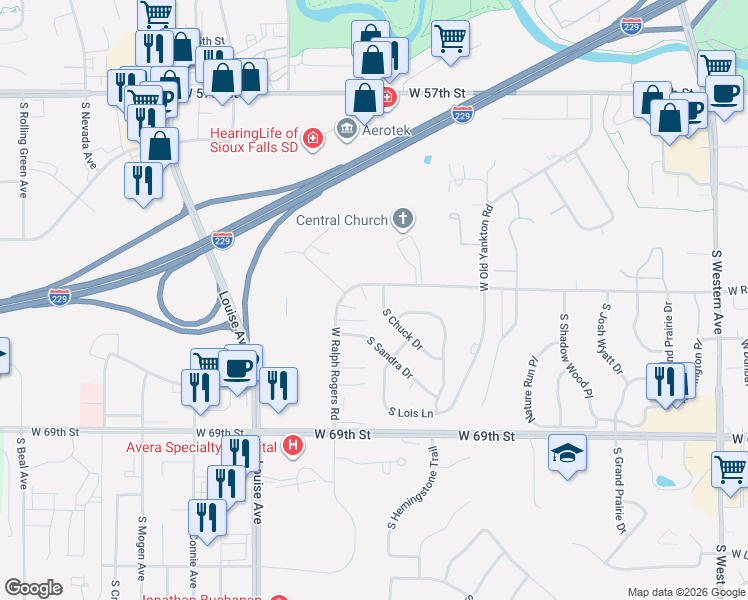 map of restaurants, bars, coffee shops, grocery stores, and more near 5505 South Chuck Drive in Sioux Falls